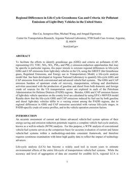 Regional Differences in Life-Cycle Greenhouse Gas and Criteria Air Pollutant Emissions of Light-Duty Vehicles in the United States