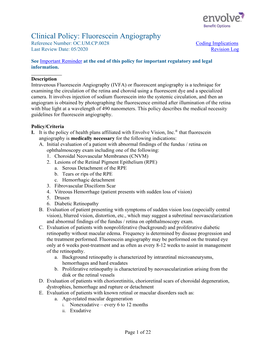 Fluorescein Angiography Reference Number: OC.UM.CP.0028 Coding Implications Last Review Date: 05/2020 Revision Log