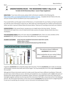 THE WOODWIND FAMILY: May 11-15 Ferndale 3Rd-5Th Elementary Music: Lesson 3 Paper Supplement