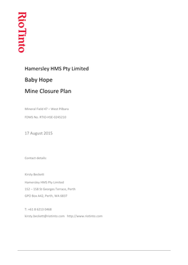 Hamersley HMS Pty Limited Baby Hope Mine Closure Plan