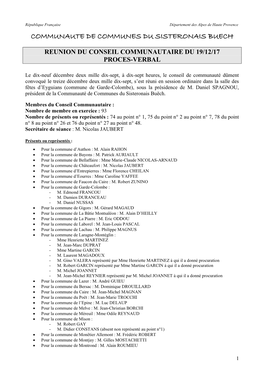 Conseil Communautaire Du 19 Décembre 2017