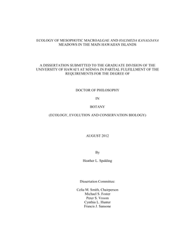 Ecology of Mesophotic Macroalgae and Halimeda Kanaloana Meadows in the Main Hawaiian Islands