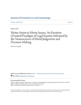 Motus Animi in Mente Insana: an Emotion-Oriented Paradigm of Legal Insanity Informed by the Neuroscience of Moral Judgments and Decision-Making, 109 J