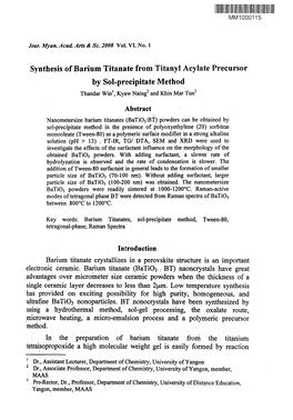 Synthesis of Barium Titanate from Titanyl Acylate Precursor by Sol-Precipitate Method Thandar Win', Kyaw Naing2 and Khin Mar Tunj