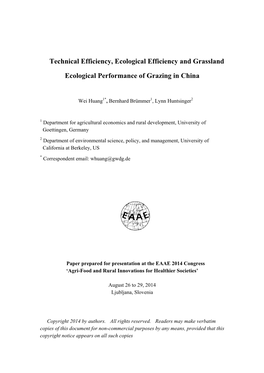Technical Efficiency, Ecological Efficiency and Grassland Ecological