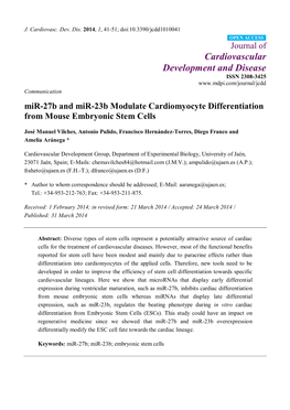 Mir-27B and Mir-23B Modulate Cardiomyocyte Differentiation from Mouse Embryonic Stem Cells