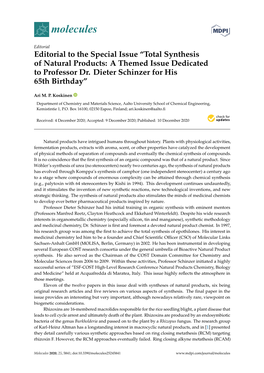 Total Synthesis of Natural Products: a Themed Issue Dedicated to Professor Dr. Dieter Schinzer for His 65Th Birthday”