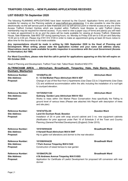 NEW PLANNING APPLICATIONS RECEIVED LIST ISSUED 7Th September 2020 ALTRINCHAM AREA