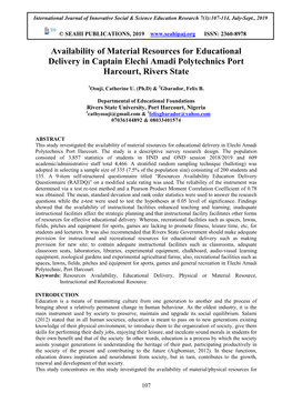 Availability of Material Resources for Educational Delivery in Captain Elechi Amadi Polytechnics Port Harcourt, Rivers State