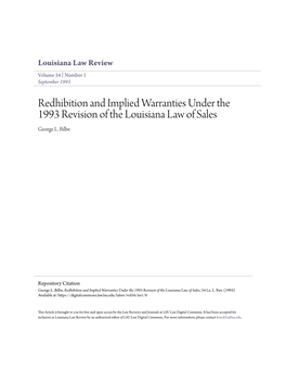 Redhibition and Implied Warranties Under the 1993 Revision of the Louisiana Law of Sales George L