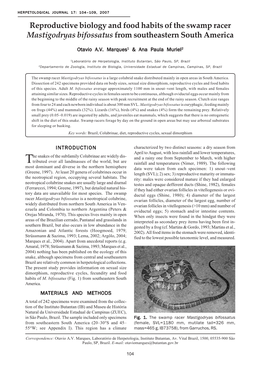 Reproductive Biology and Food Habits of the Swamp Racer Mastigodryas Bifossatus from Southeastern South America