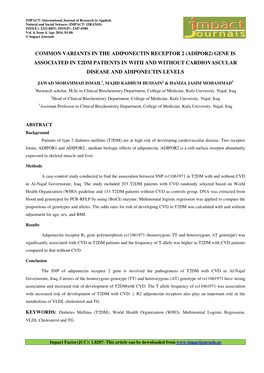 Common Variants in the Adiponectin Receptor 2 (Adipor2) Gene Is Associated in T2dm Patients in with and Without Cardiovascular Disease and Adiponectin Levels