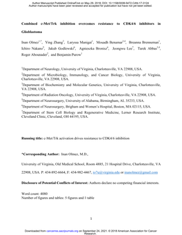 Combined C-Met/Trk Inhibition Overcomes Resistance to CDK4/6 Inhibitors In