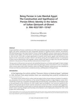 Being Persian in Late Mamluk Egypt: the Construction and Significance of Persian Ethnic Identity in the Salons of Sultan Qāniṣawh Al-Ghawrī (R