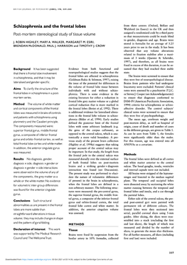 Schizophrenia and the Frontal Lobes Post-Mortem Stereological Study Of