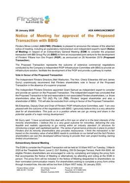 Notice of Meeting for Approval of the Proposed Transaction with BBIG