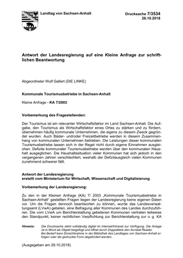 Antwort Der Landesregierung Auf Eine Kleine Anfrage Zur Schrift- Lichen Beantwortung