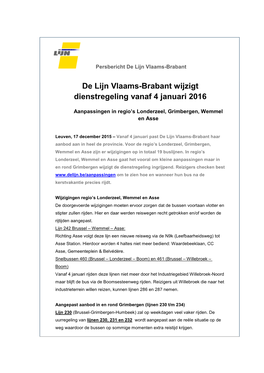 De Lijn Vlaams-Brabant Wijzigt Dienstregeling Vanaf 4 Januari 2016