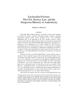 Unclassified Fictions: the CIA, Secrecy Law, and the Dangerous Rhetoric of Authenticity