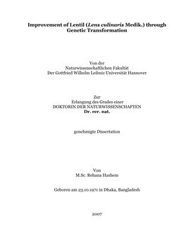 Improvement of Lentil (Lens Culinaris Medik.) Through Genetic Transformation