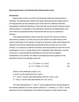 Spectrophotometric and Potentiometric Determination of Ph Introduction Determination of Ph Is One of the Most Frequently Perform