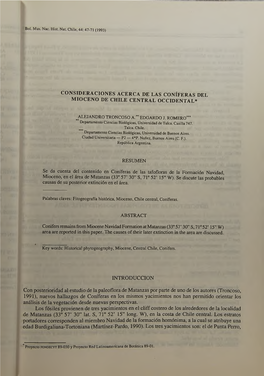 Consideraciones Acerca De Las Coníferas Del Mioceno De Chile Central Occidental*