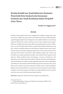 Kontestasi Pemerintah Kota Surakarta Dan Kasunanan Surakarta Atas Tanah Kasultanan Dalam Perspektif Game Theory