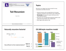 Tail Recursion • Natural Recursion with Immutable Data Can Be Space- Inefficient Compared to Loop Iteration with Mutable Data