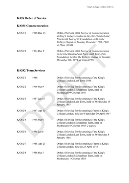 K/OS Orders of Service Draft Catalogue