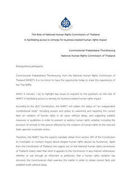 The Role of National Human Rights Commission of Thailand in Facilitating Access to Remedy for Business-Related Human Rights Impact