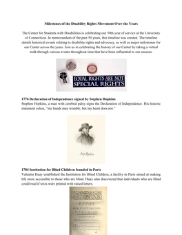 Milestones of the Disability Rights Movement Over the Years the Center for Students with Disabilities Is Celebrating Our 50Th Ye