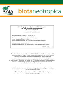 Contribuição Para O Conhecimento De Chytridiomycota Da “Reserva Biológica De Paranapiacaba”, Santo André, SP, Brasil