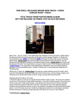 Tom Odell Releases Brand New Track + Video “Jubilee Road” Today, Title Track from Forthcoming Album Set for Release Octobe