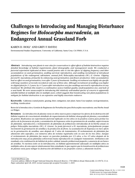 Challenges to Introducing and Managing Disturbance Regimes for Holocarpha Macradenia, an Endangered Annual Grassland Forb