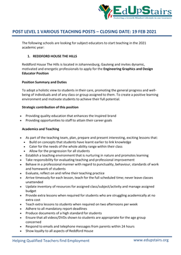 Post Level 1 Various Teaching Posts – Closing Date: 19 Feb 2021