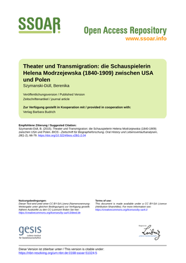 Theater Und Transmigration: Die Schauspielerin Helena Modrzejewska (1840-1909) Zwischen USA Und Polen Szymanski-Düll, Berenika