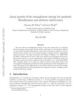 Linear Growth of the Entanglement Entropy for Quadratic Hamiltonians and Arbitrary Initial States