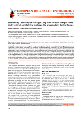 Biodiversity – Economy Or Ecology? Long-Term Study of Changes in the Biodiversity of Aphids Living in Steppe-Like Grasslands in Central Europe