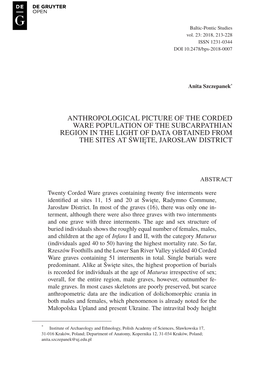 ANTHROPOLOGICAL PICTURE of the CORDED WARE POPULATION of the SUBCARPATHIAN REGION in the LIGHT of DATA OBTAINED from the SITES at Święte, JAROSŁAW DISTRICT