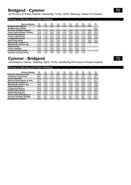 Bridgend - Cymmer 0700 Via Princess of Wales Hospital, Aberkenfig, Tondu, Garth, Maesteg, Caerau & Croeserw