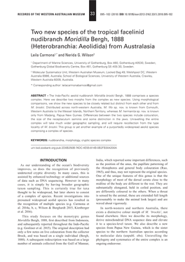 Two New Species of the Tropical Facelinid Nudibranch Moridilla Bergh, 1888 (Heterobranchia: Aeolidida) from Australasia Leila Carmona1,* and Nerida G