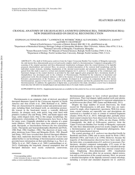 Featured Article Cranial Anatomy of Erlikosaurus Andrewsi (Dinosauria, Therizinosauria): New Insights Based on Digital Reconstru