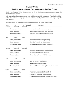 Regular Verbs Simple Present, Simple Past and Present Perfect Tenses