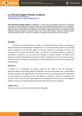 La Televisión Digital Terrestre En México Dulce Alexandra Cepeda Robledo Dcepedar@Uat.Edu.Mx Y Dalexa C28@Hotmail.Com