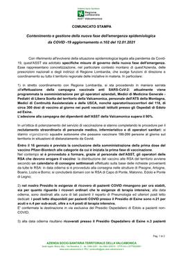 Contenimento E Gestione Della Nuova Fase Dell'emergenza Epidemiologica Da COVID -19 Aggiornamento N.102 Del 12.01.2021