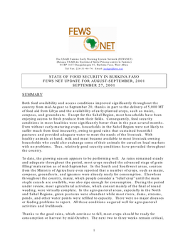 State of Food Security in Burkina Faso Fews Net Update for August-September, 2001 September 27, 2001