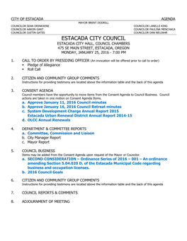 Estacada City Council Estacada City Hall, Council Chambers 475 Se Main Street, Estacada, Oregon Monday, January 25, 2016 - 7:00 Pm