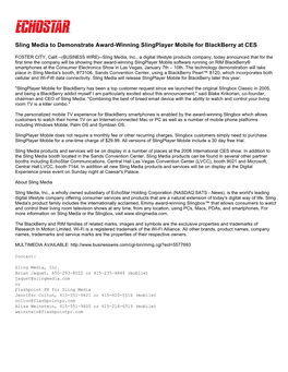 Sling Media to Demonstrate Award-Winning Slingplayer Mobile for Blackberry at CES