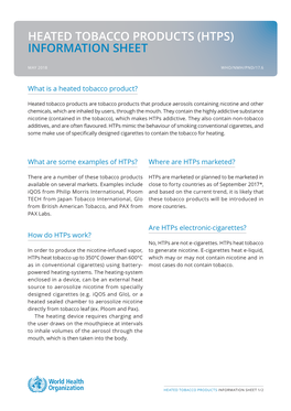 Heated Tobacco Products (Htps) Information Sheet May 2018 WHO/NMH/PND/17.6