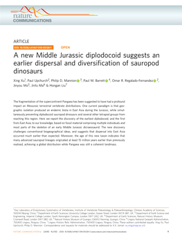 A New Middle Jurassic Diplodocoid Suggests an Earlier Dispersal and Diversiﬁcation of Sauropod Dinosaurs